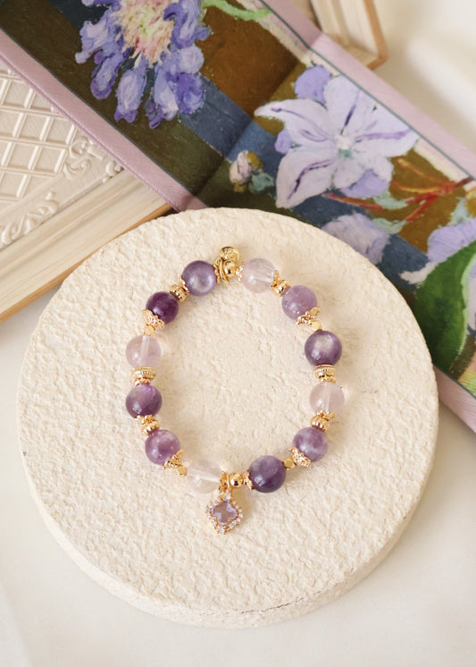 *Backorder* Clovette - Amethyst, Pink Purle Emerald Mica & Purple Gem Lepidolite with Sparkly Purple Clover Crystal Bracelet (Elastic)