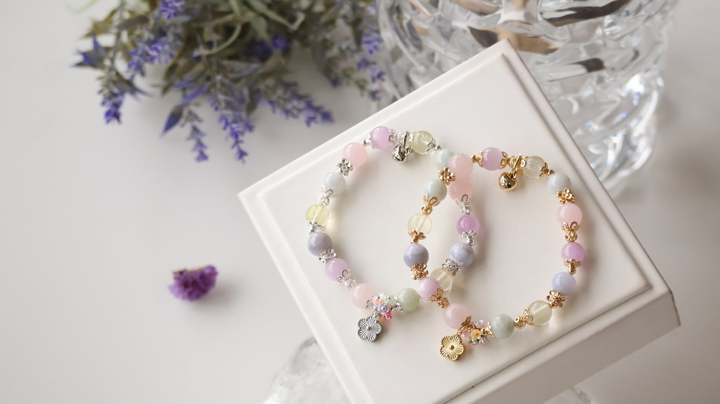 *Backorder* Duobao 多宝 Bouquet - Green Jadeite, Blue Lace Agate, Kunzite, Rose Quartz & Lemon Quartz with Laser Flower Crystal Bracelet (Elastic)