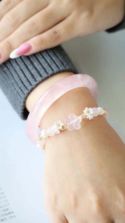 *Backorder* Sakura Flower - Rose Quartz & Freshwater Pearls with Double Bouquet Crystal Bracelet (Elastic)