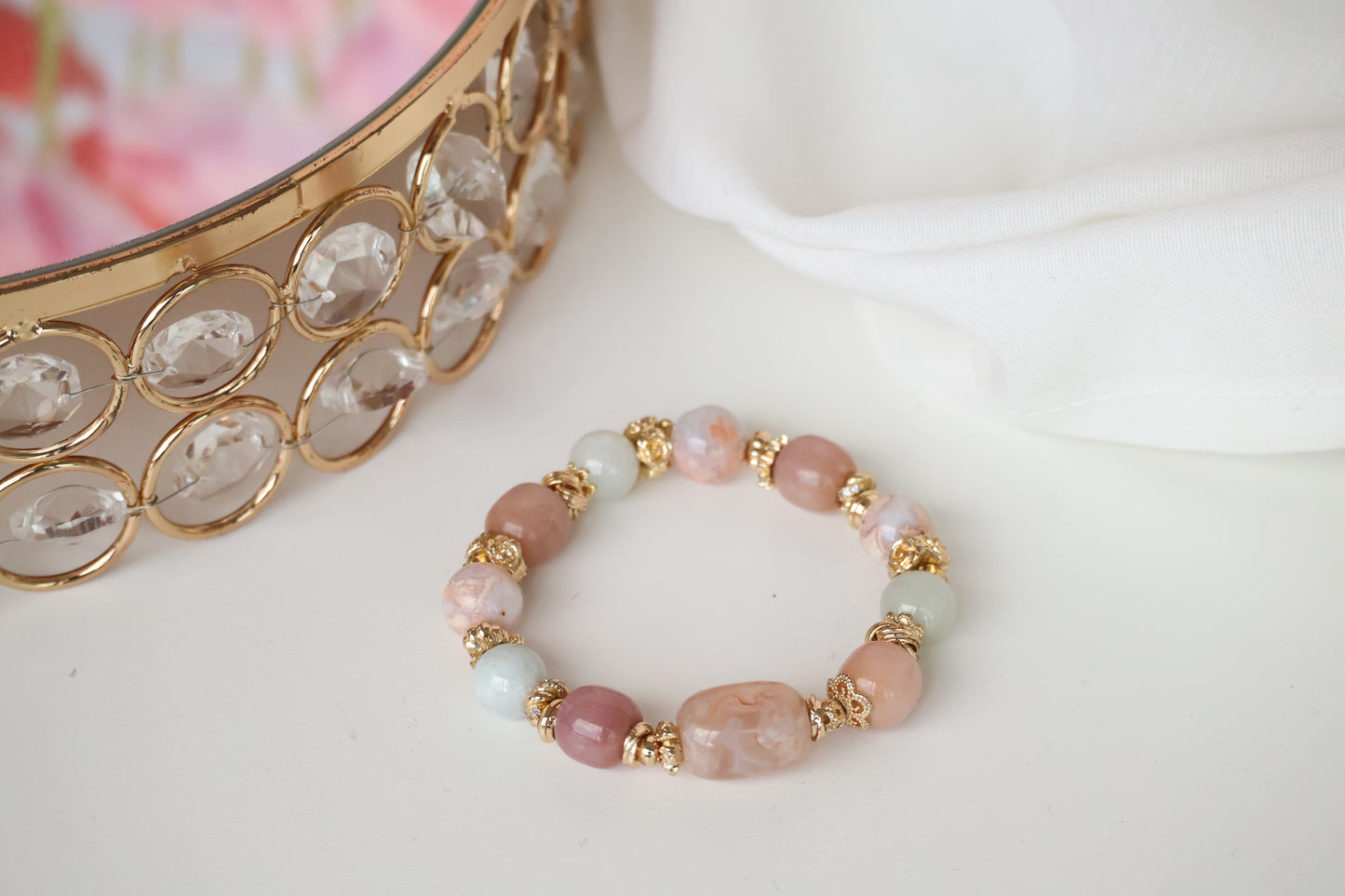 *Instocks* Slushie - Flower Agate Barrel Freeform, Light Green Jadeite, Flower Agate & Drum Pastel Yan Yuan Agate Crystal Bracelet (Elastic)