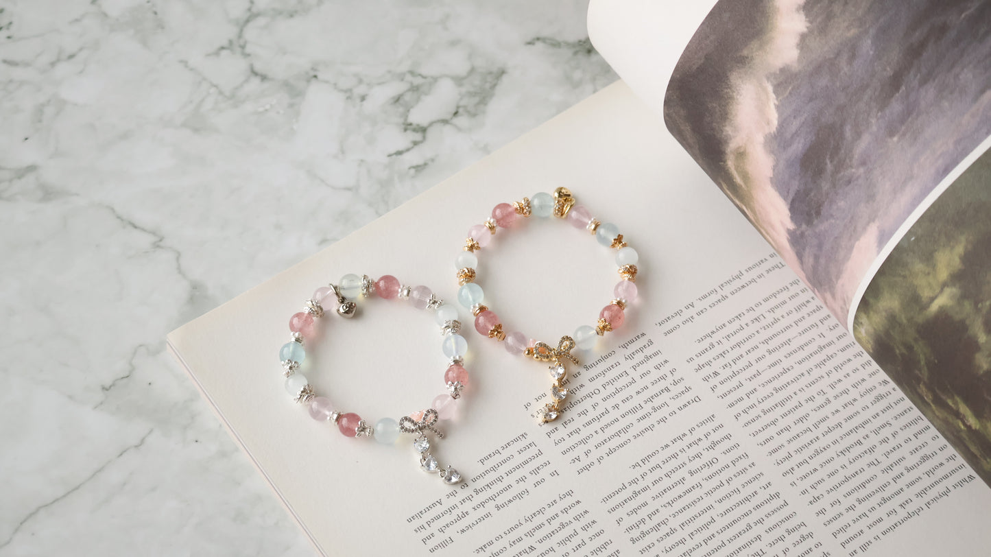 *Instocks* Rose Quartz, Strawberry Quartz, Cat Eye & Aquamarine with Ribbon & Triple Heart Dangly Crystal Bracelet (Elastic)