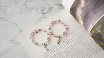 *Instocks* Rose Quartz, Strawberry Quartz, Cat Eye & Aquamarine with Ribbon & Triple Heart Dangly Crystal Bracelet (Elastic)