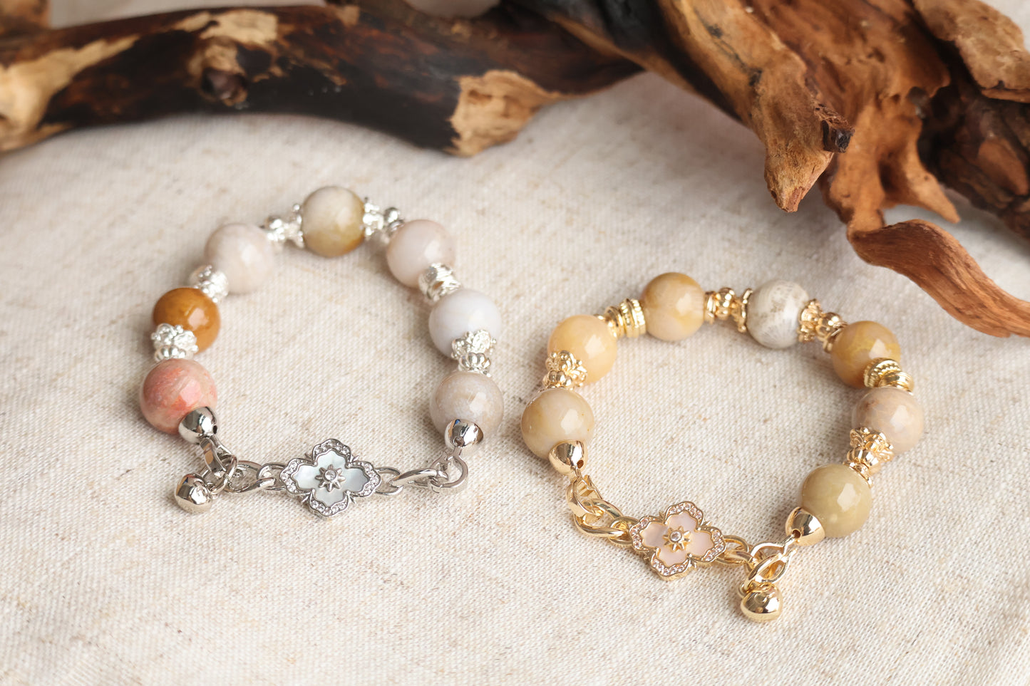 *Instocks* Fossilised Coral Jade with Clover Charm Crystal Bracelet (Elastic)