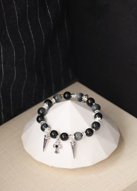 *Backorder* Grunge - Grey Tiger's Eye & Black Tourmaline with Spikes & Cross Crystal Bracelet (Elastic)