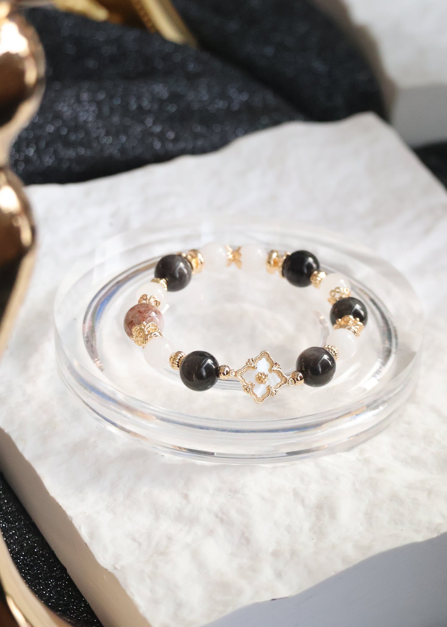 *Instocks* Garden Quartz, White Jadeite, Black Obsidian & White Phantom Quartz Crystal Bracelet (Elastic)