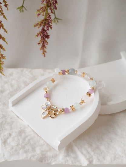 *Instocks* Aquamarine, Kunzite & White Phantom Quartz with Flower Clasp Crystal Bracelet (Elastic)