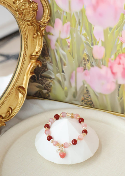 *Backorder* Bloom - Carnelian & Yan Yuan Agate with Bejeweled Strawberry Crystal Bracelet (Elastic)