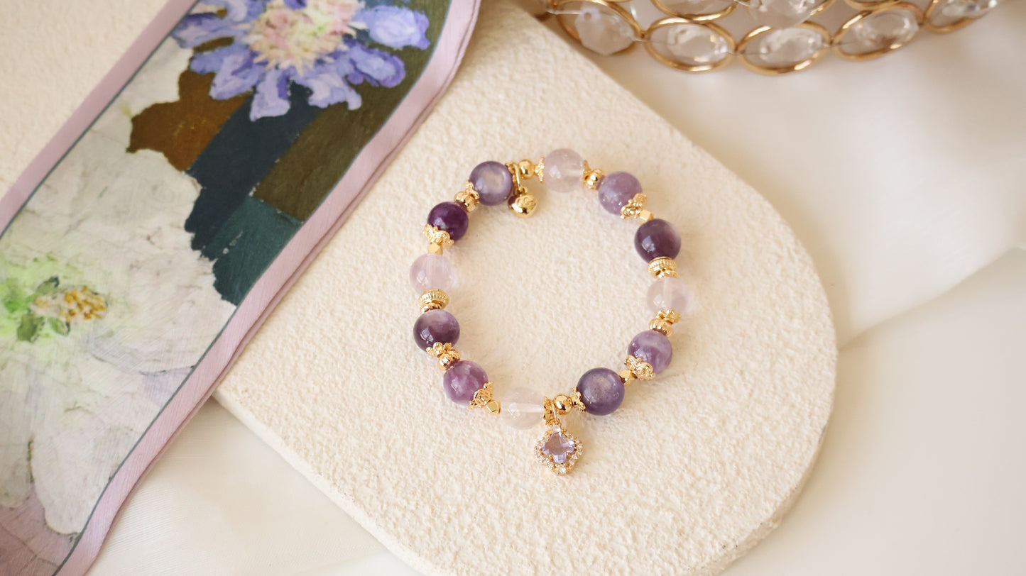 *Backorder* Clovette - Amethyst, Pink Purle Emerald Mica & Purple Gem Lepidolite with Sparkly Purple Clover Crystal Bracelet (Elastic)