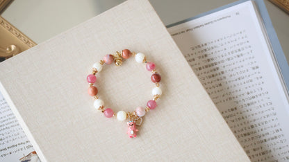*Backorder* Loopy - Flower Agate, Sakura Rhodonite & White Conch with Loopy & Heart Crystal Bracelet (Elastic)