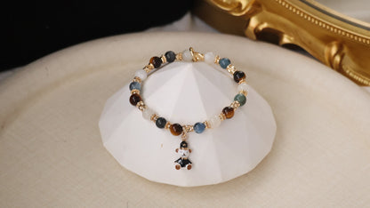 *Backorder* 6mm Polo RL - Devil Blue Aquamarine, Tiger's Eye & White Flash Moonstone with Bear Crystal Bracelet (Elastic)