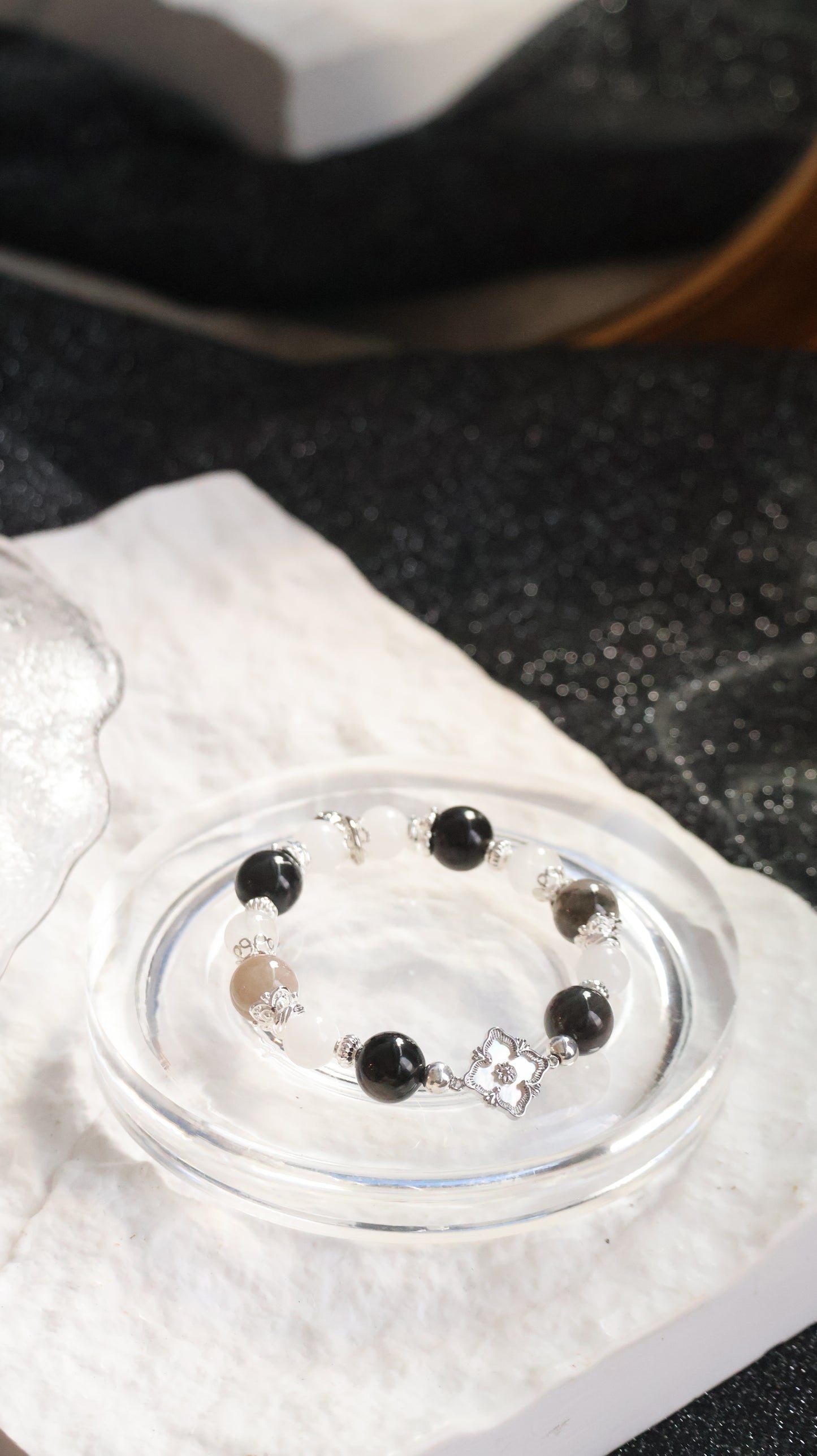 *Instocks* Garden Quartz, White Jadeite, Black Obsidian & White Phantom Quartz Crystal Bracelet (Elastic)