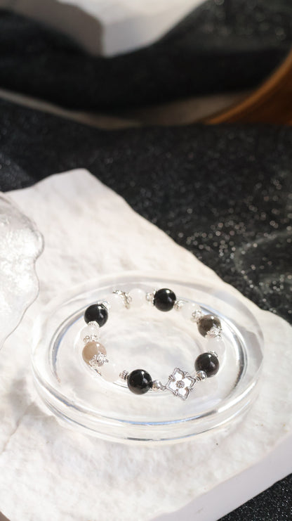 *Instocks* Garden Quartz, White Jadeite, Black Obsidian & White Phantom Quartz Crystal Bracelet (Elastic)