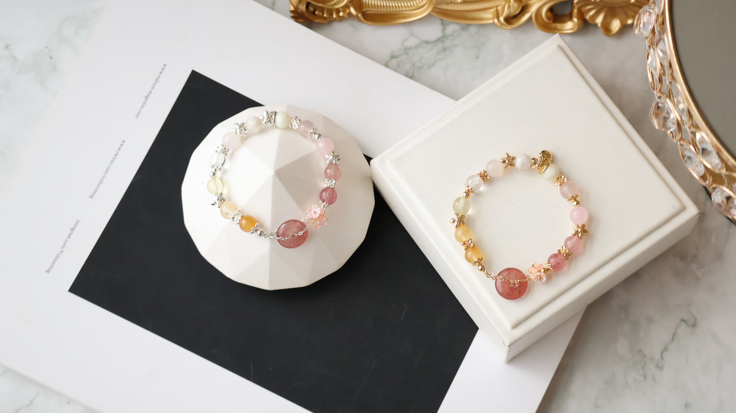 *Instocks* Strawberry Quartz Ping An Kou 平安扣 Duobao Crystal Bracelet (Elastic)