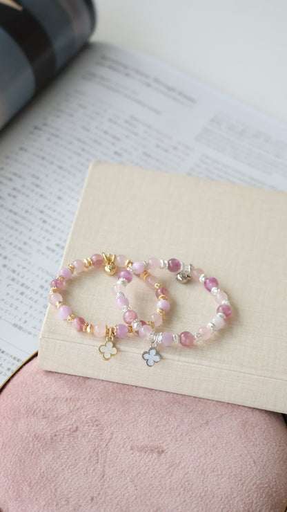 *Instocks* Mini Clover Stacker - Pink Purple Emerald Mica, Kunzite & Rose Quartz Crystal Bracelet (Elastic)