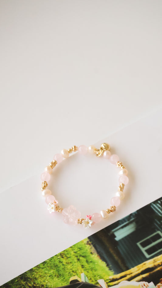 *Backorder* Sakura Flower - Rose Quartz & Freshwater Pearls with Double Bouquet Crystal Bracelet (Elastic)