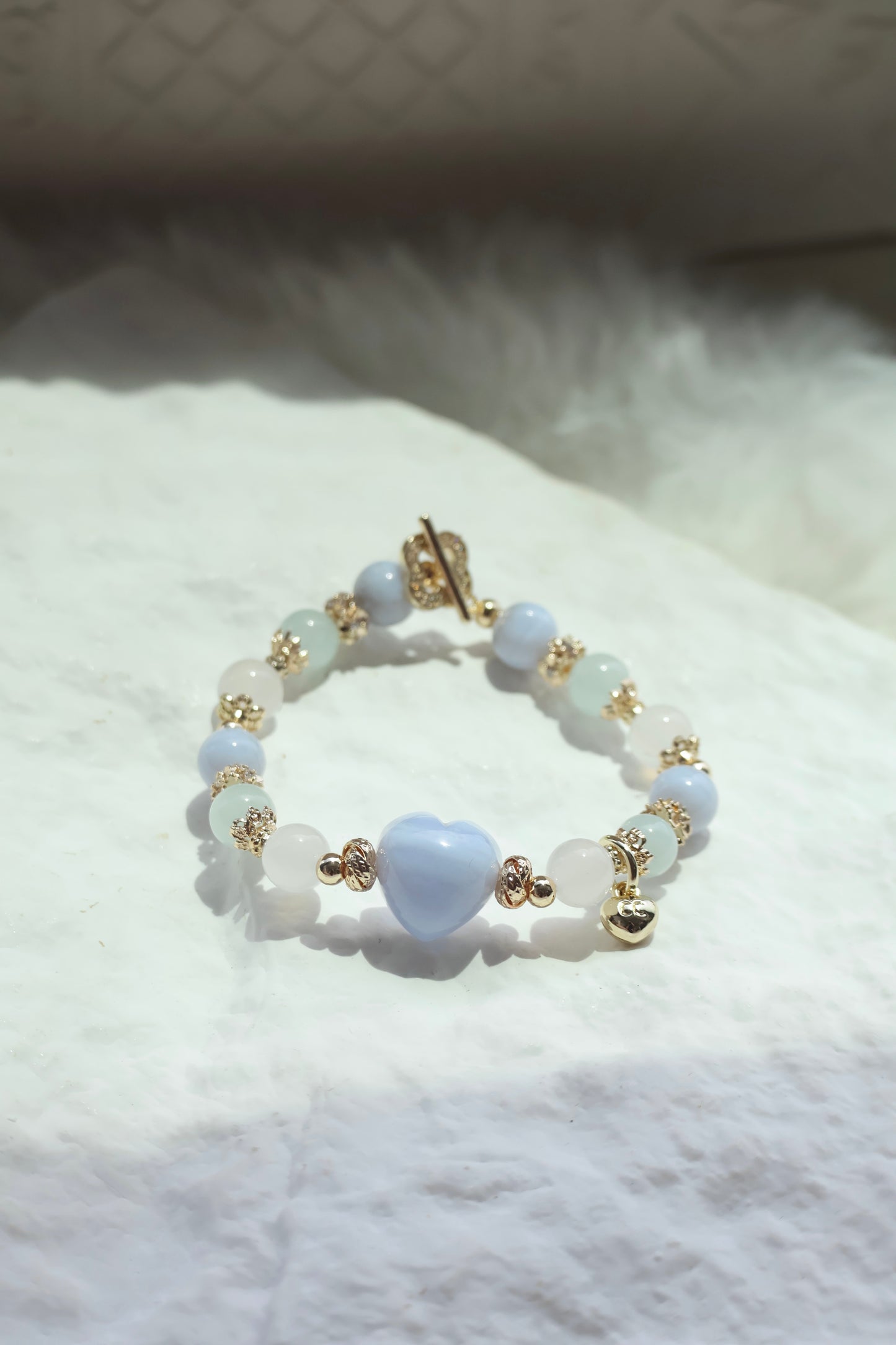 *Instocks* Blue Lace Agate, Aquamarine & White Agate with Blue Lace Agate Heart Crystal Bracelet (Elastic)