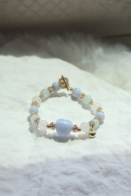 *Instocks* Blue Lace Agate, Aquamarine & White Agate with Blue Lace Agate Heart Crystal Bracelet (Elastic)