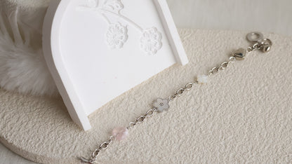 *Backorder* Celine - Chain with Snow Garden Rose Quartz Heart, MOP Clover & Flower Crystal Bracelet (OT Clasp) 2.0