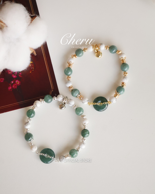 *Instocks* 平安扣 Ping An Kou 8mm Blue Water Jadeite & Howlite (Elastic)