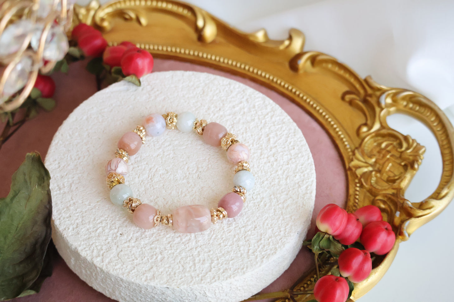 *Instocks* Slushie - Flower Agate Barrel Freeform, Light Green Jadeite, Flower Agate & Drum Pastel Yan Yuan Agate Crystal Bracelet (Elastic)