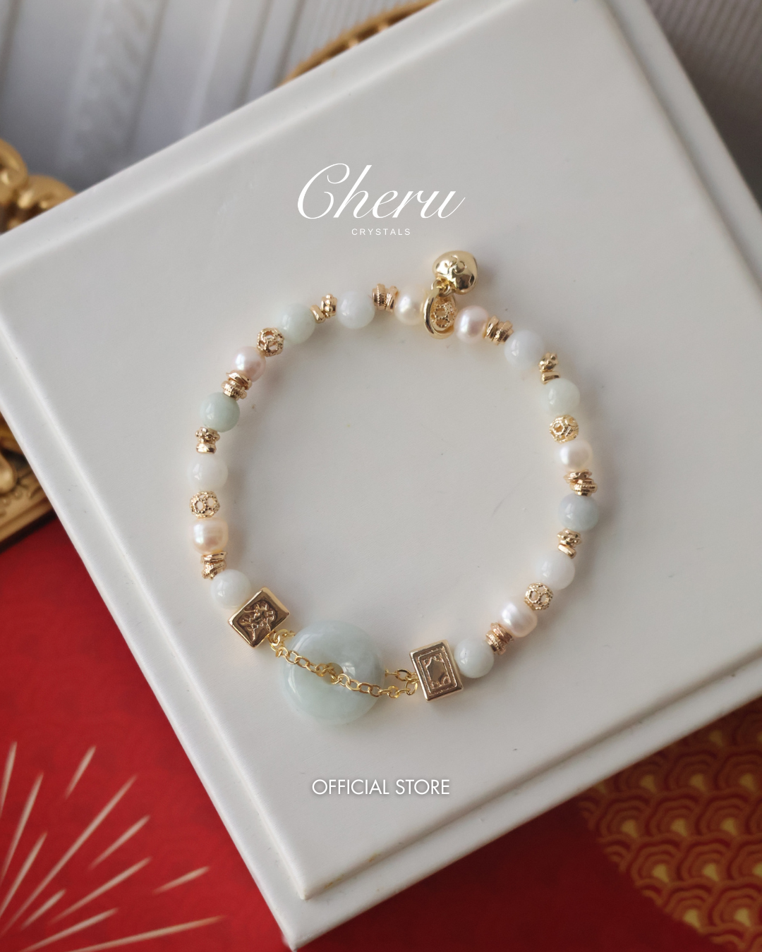 *Instocks* 平安扣 Ping An Kou 6mm Green Jadeite & Fresh Water Pearl with MJ String Through Charm (Elastic)