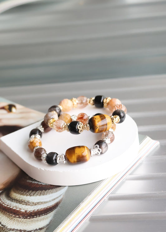 *Instocks* Rich Slushie - Tiger's Eye Barrel Freeform, Drum Silver Sheen Obsidian, Black Gold Super 7 & Faceted Fossilized Coral Jade Crystal Bracelet (Elastic)