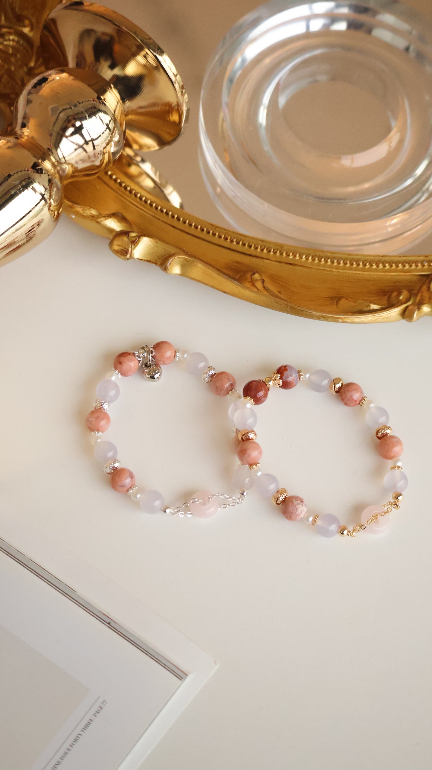 *Instocks* Flower Agate & Lilac Chalcedony with Rose Quartz Ping An Kou 平安扣 Crystal Bracelet (Elastic)