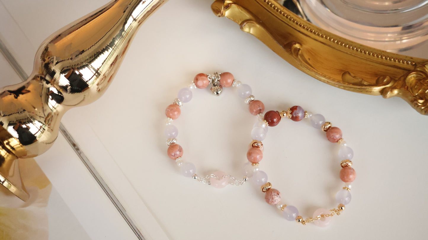 *Instocks* Flower Agate & Lilac Chalcedony with Rose Quartz Ping An Kou 平安扣 Crystal Bracelet (Elastic)