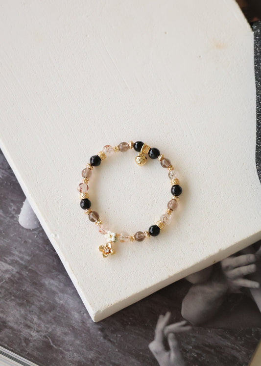 *Backorder* Mini Flower - Hypersthene, Black Gold Super 7 & Smoky Quartz Crystal Bracelet (Elastic)