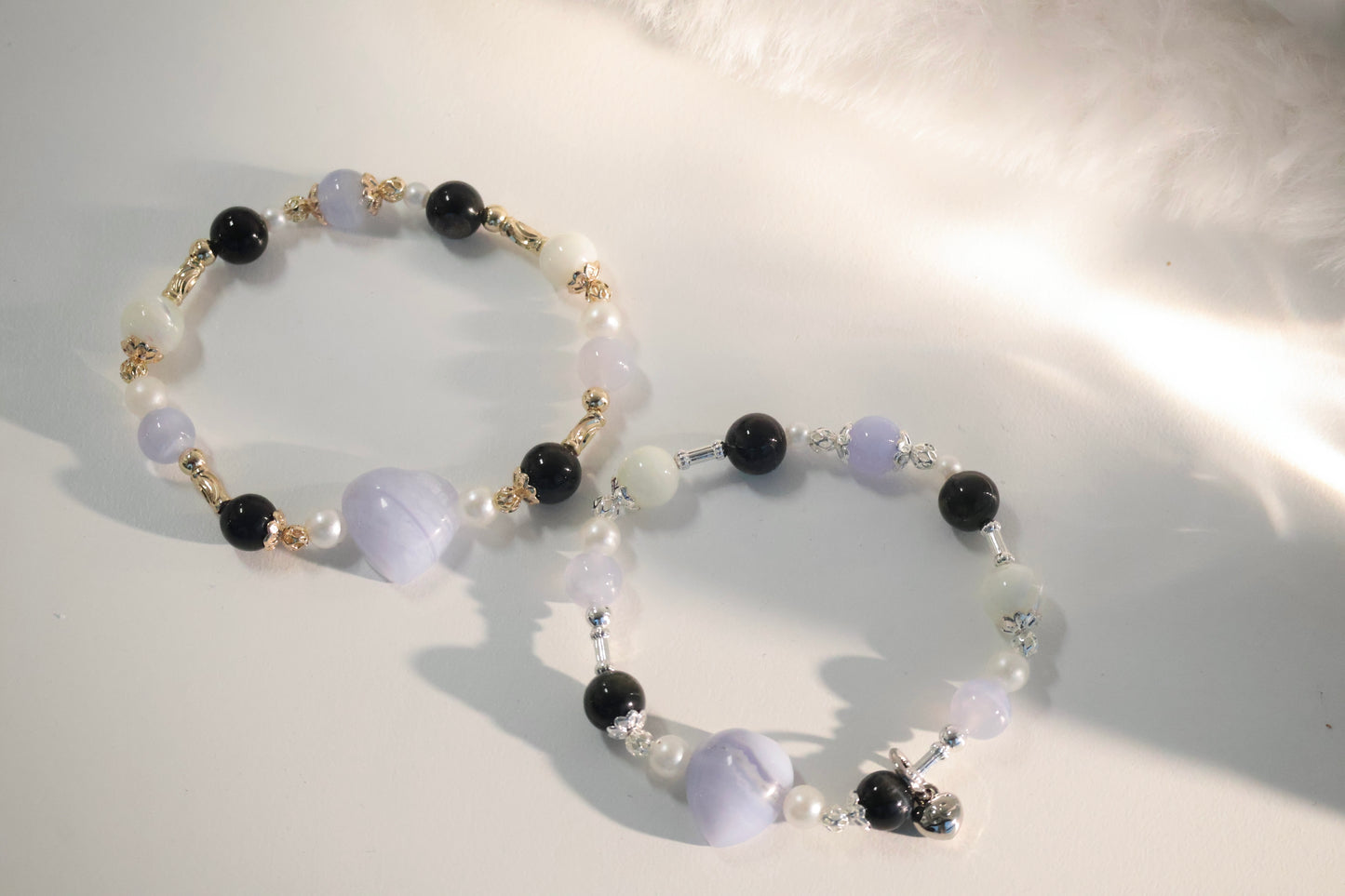*Instocks* Blue Lace Agate, White Conch, Tiger's Eye & Blue Lace Agate Heart Crystal Bracelet (Elastic)
