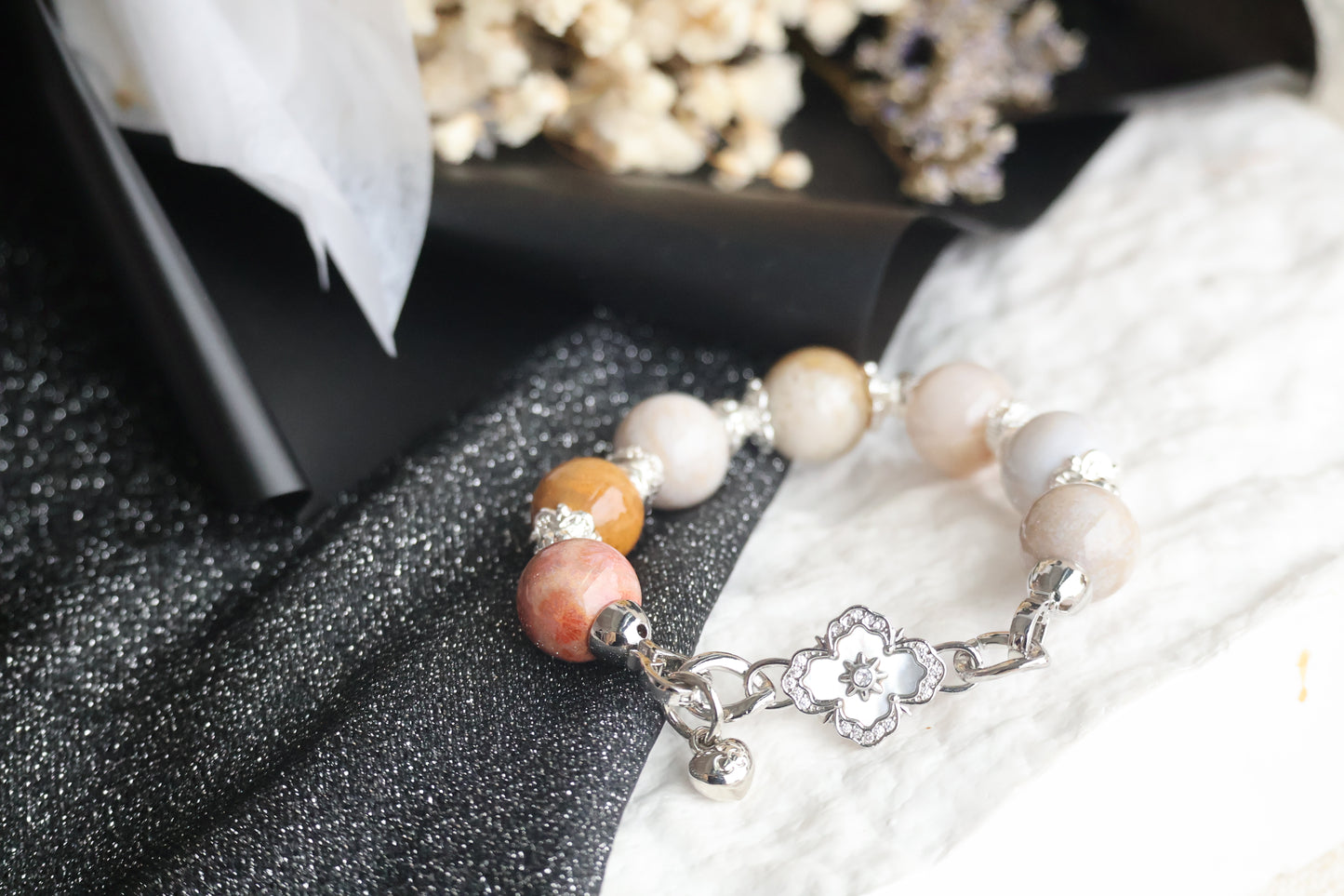 *Instocks* Fossilised Coral Jade with Clover Charm Crystal Bracelet (Elastic)