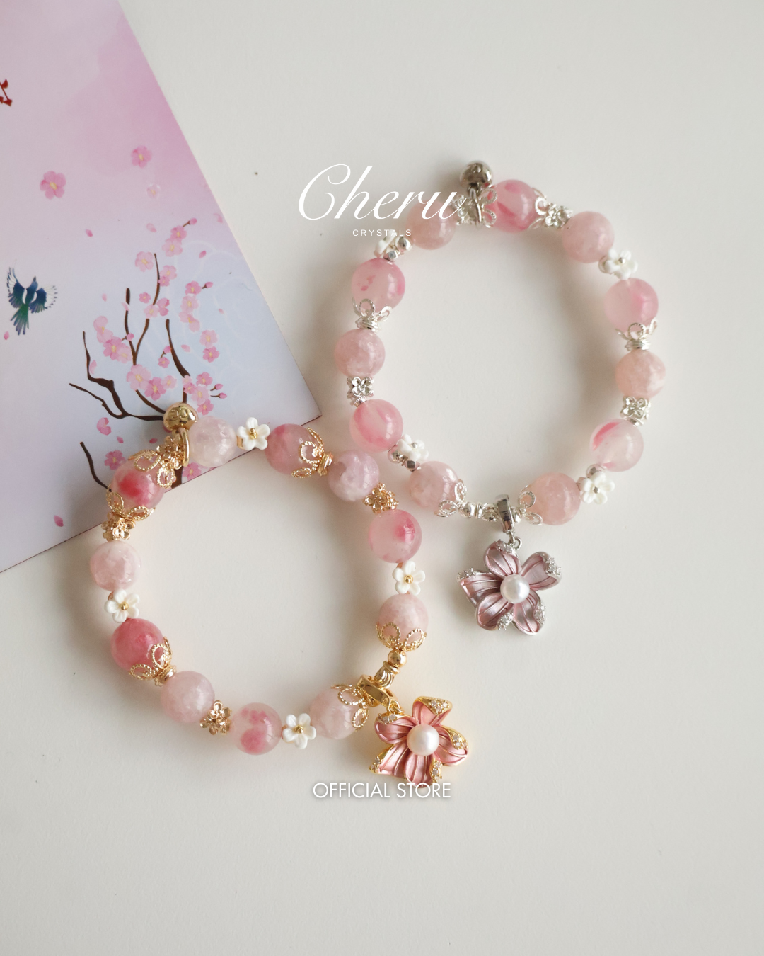 Purple Emerald Mica & Sakura Rhodonite with Freshwater Pearl Flower Charm — Everbloom | 10mm (Elastic)