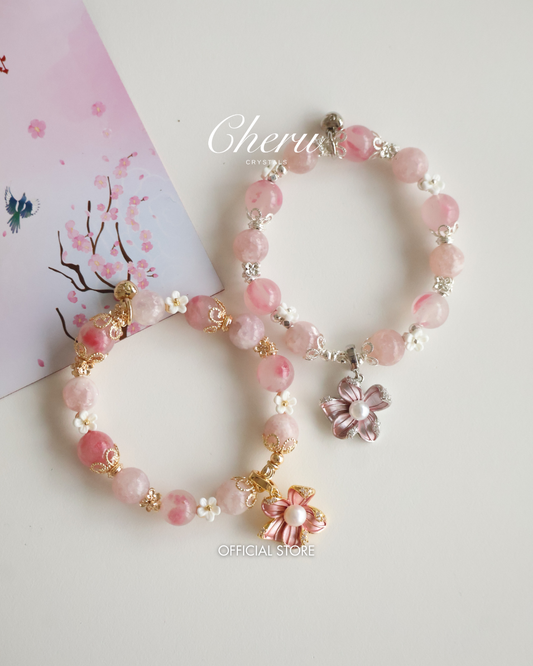 *Instocks* Everbloom - 10mm Purple Emerald Mica, Sakura Rhodonite with Fresh Water Pearl on Flower Charm (Elastic)