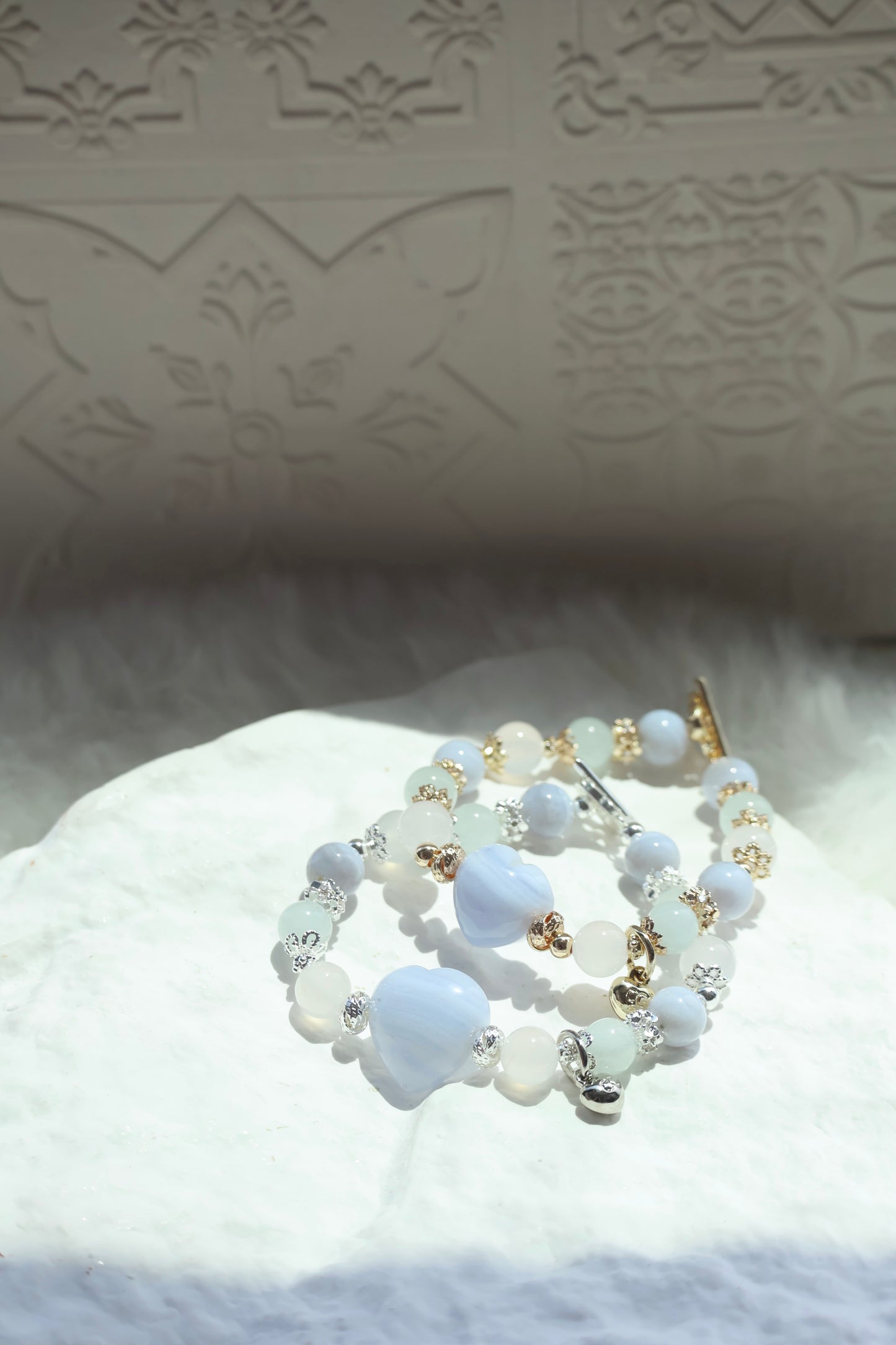 *Instocks* Blue Lace Agate, Aquamarine & White Agate with Blue Lace Agate Heart Crystal Bracelet (Elastic)