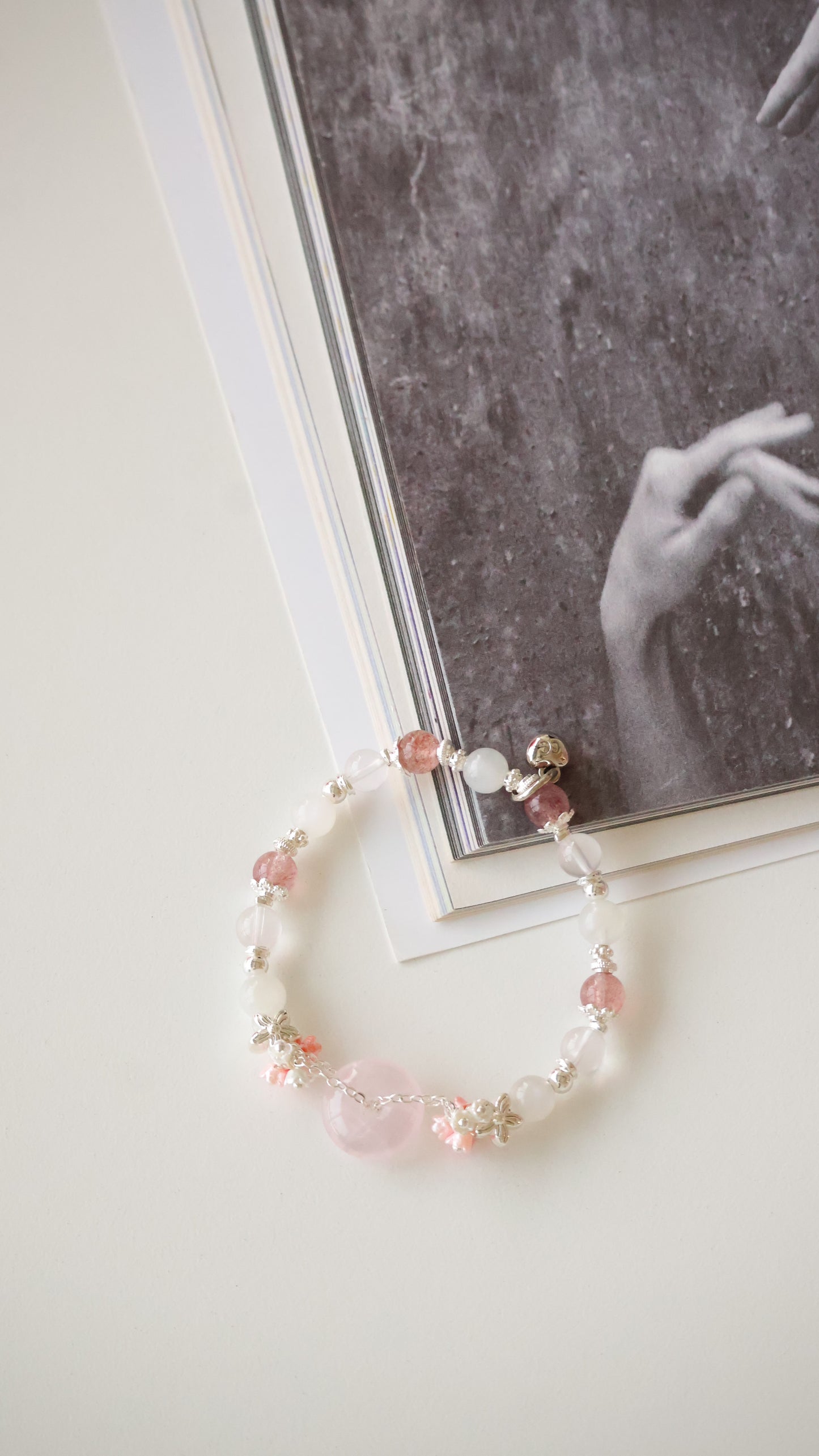 *Backorder* Rose Quartz Ping An Kou 平安扣  - Strawberry Quartz, Rose Quartz & Moonstone with Double Bouquet Crystal Bracelet (Elastic)