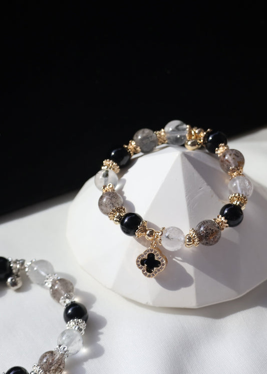 *Backorder* Cordelia Twin - Black Strawberry Quartz, Black Tourmaline & Herkimer Diamond with Sparkly Black Clover Crystal Bracelet (Elastic)