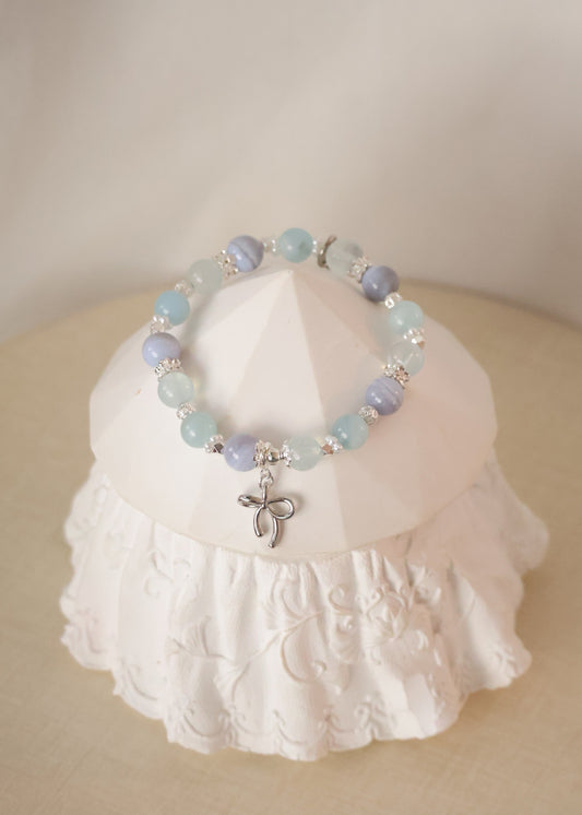 *Backorder* Musa - Blue Lace Agate, Aquamarine & Milky Aquamarine with Bow Crystal Bracelet (Elastic)