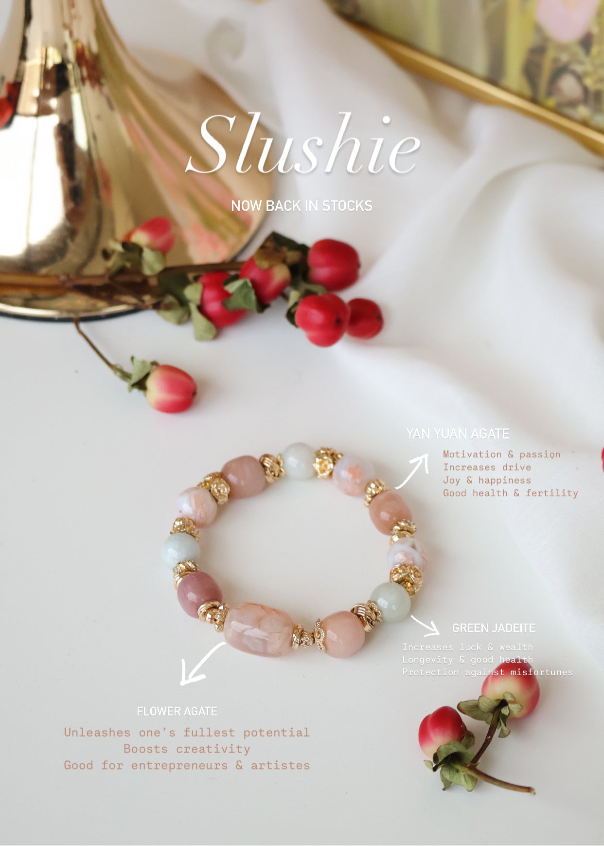 *Instocks* Slushie - Flower Agate Barrel Freeform, Light Green Jadeite, Flower Agate & Drum Pastel Yan Yuan Agate Crystal Bracelet (Elastic)