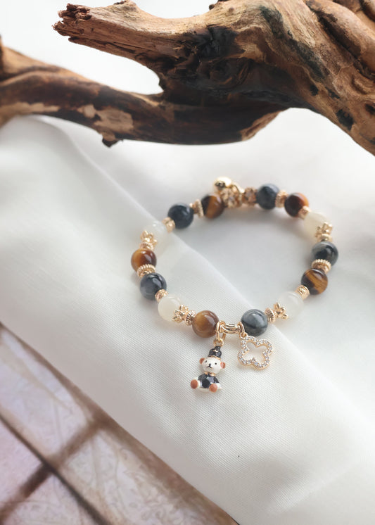 *Instocks* 6mm/8mm/10mm Polo RL - Pietersite, Tiger's Eye & Moonstone with Bear & Clover Crystal Bracelet (Elastic)