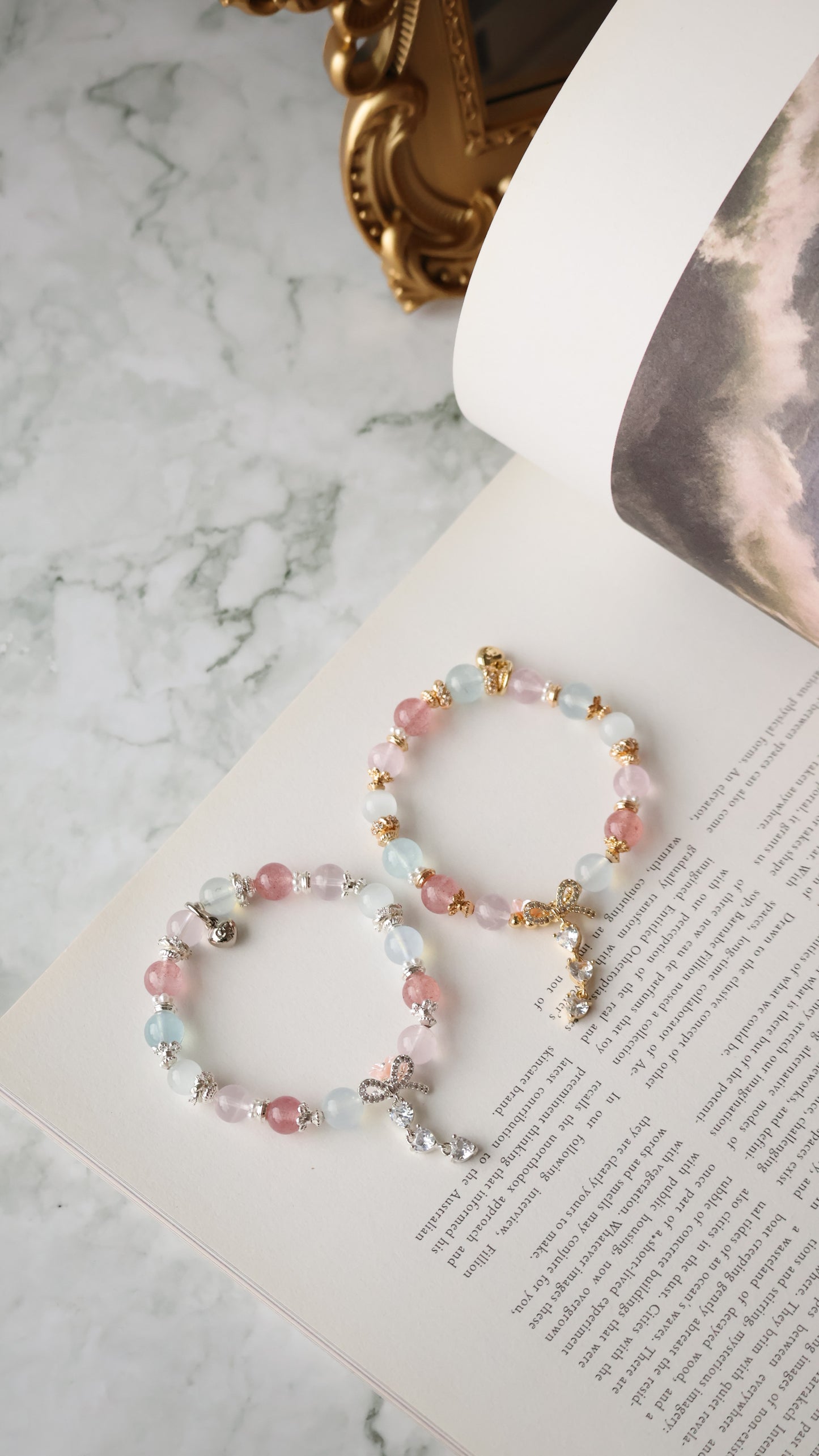 *Instocks* Rose Quartz, Strawberry Quartz, Cat Eye & Aquamarine with Ribbon & Triple Heart Dangly Crystal Bracelet (Elastic)