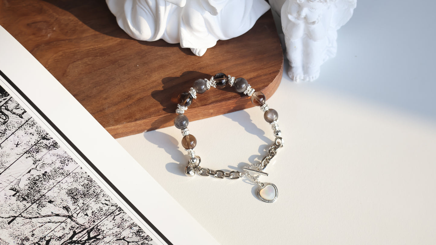*Instocks* Smoky Quartz and Black Gold Skeletal Sunstone with Chain & OT Clasp with MOP Heart Crystal Bracelet (Elastic)