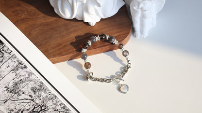 *Instocks* Smoky Quartz and Black Gold Skeletal Sunstone with Chain & OT Clasp with MOP Heart Crystal Bracelet (Elastic)