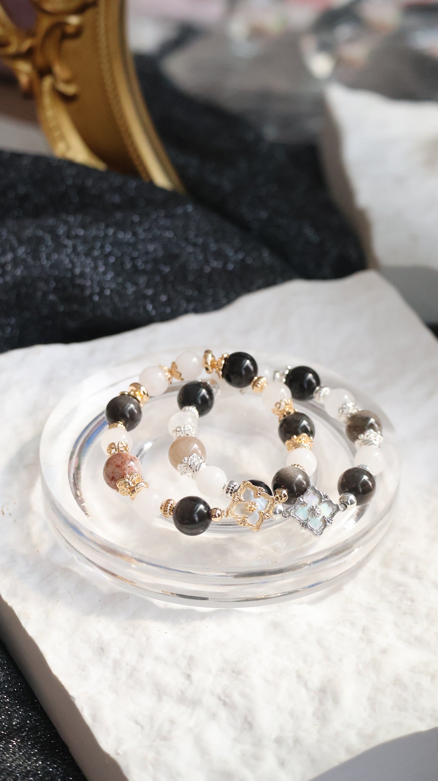 *Instocks* Garden Quartz, White Jadeite, Black Obsidian & White Phantom Quartz Crystal Bracelet (Elastic)