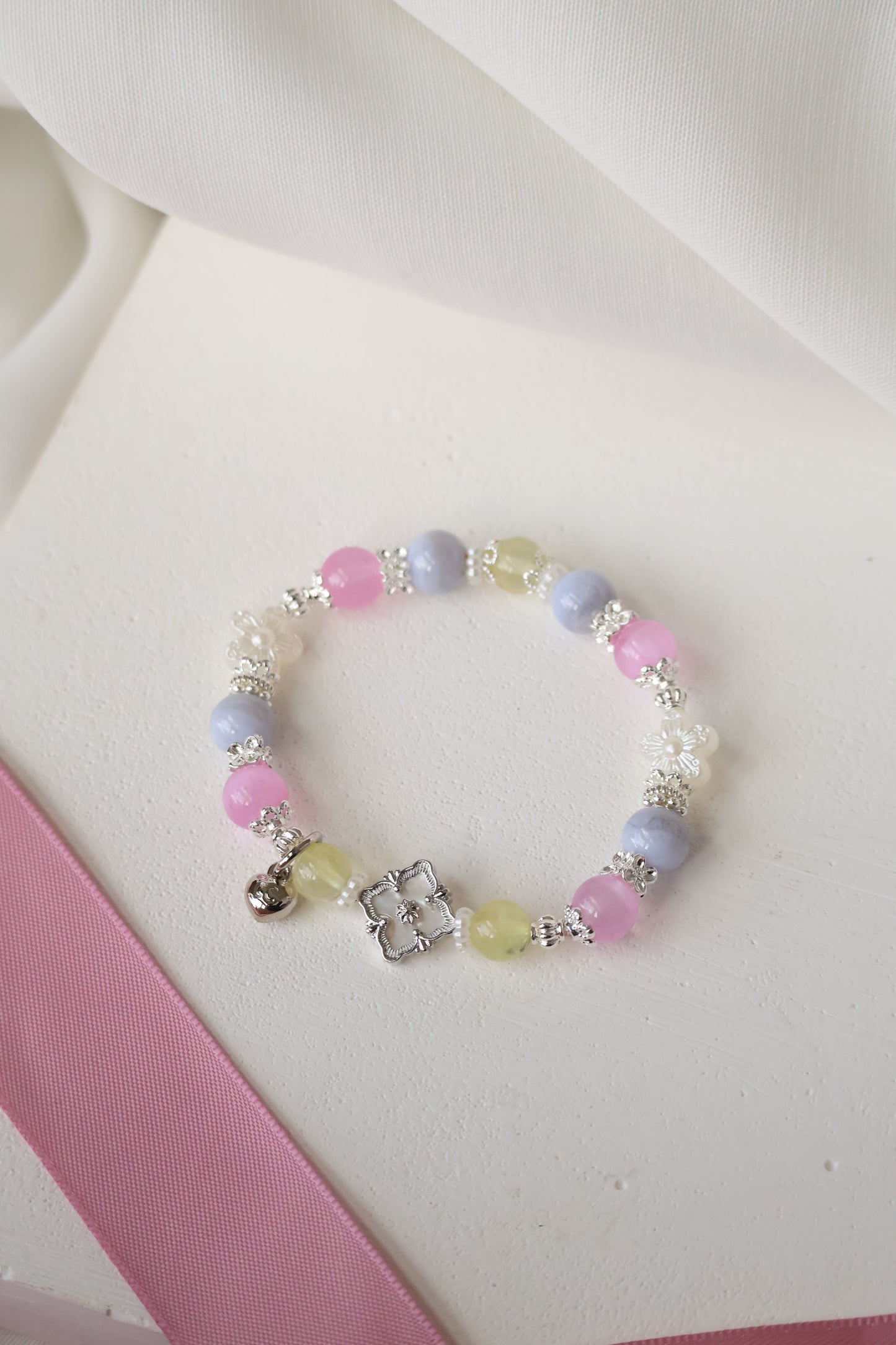 *Instocks* Prehnite, Pink Satin Spar & Blue Lace Agate with MOP Clover Crystal Bracelet (Elastic)