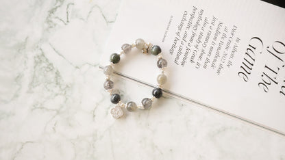 *Backorder* Cordelia Twin - Wuji Jadeite, Labradorite & Black Strawberry Quartz with Sparkly Clover Crystal Bracelet (Elastic)