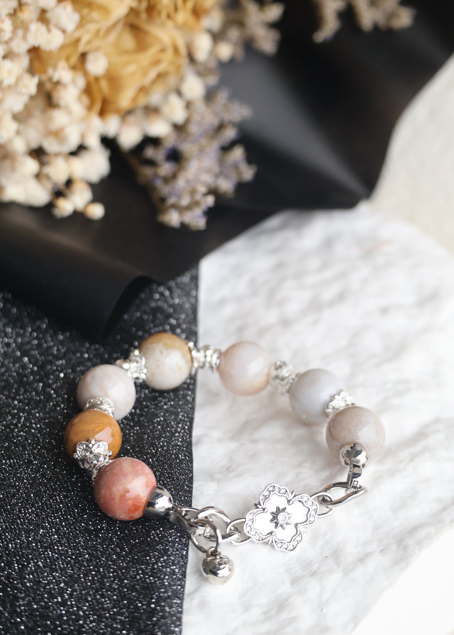 *Instocks* Fossilised Coral Jade with Clover Charm Crystal Bracelet (Elastic)