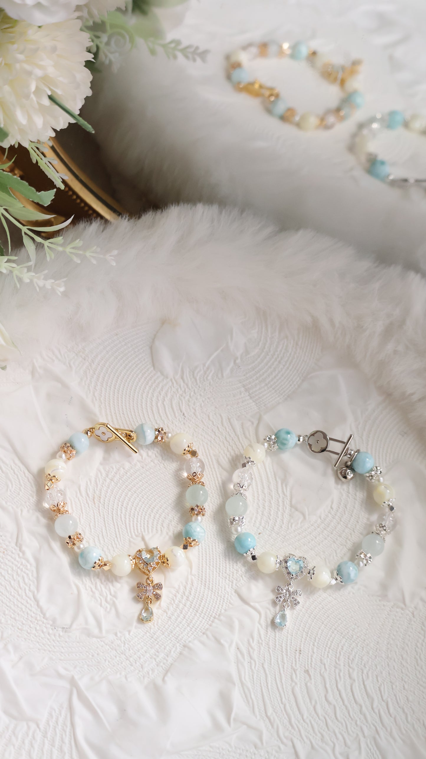*Instocks* Larimar, White Conch & Aquamarine with Blue Heart & Clover OT Clasp Crystal Bracelet (Elastic)