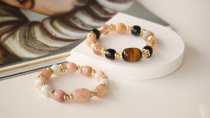 *Instocks* Rich Slushie - Tiger's Eye Barrel Freeform, Drum Silver Sheen Obsidian, Black Gold Super 7 & Faceted Fossilized Coral Jade Crystal Bracelet (Elastic)
