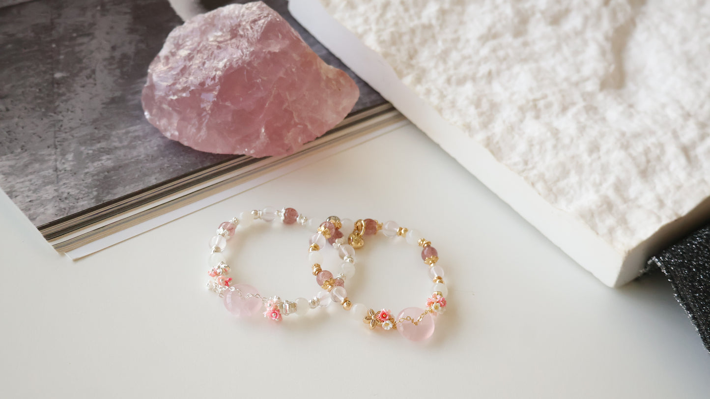 *Backorder* Rose Quartz Ping An Kou 平安扣  - Strawberry Quartz, Rose Quartz & Moonstone with Double Bouquet Crystal Bracelet (Elastic)