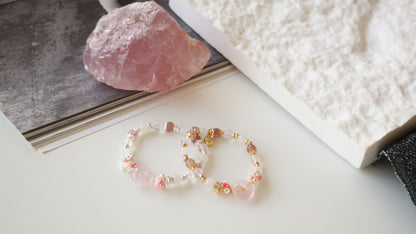 *Backorder* Rose Quartz Ping An Kou 平安扣  - Strawberry Quartz, Rose Quartz & Moonstone with Double Bouquet Crystal Bracelet (Elastic)